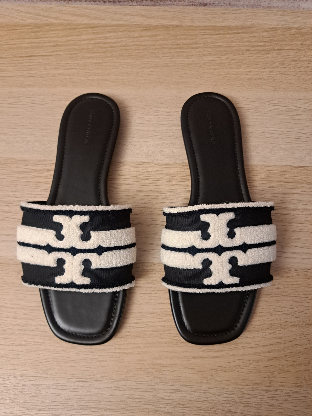 Tory Burch Double T Slide Sandals.